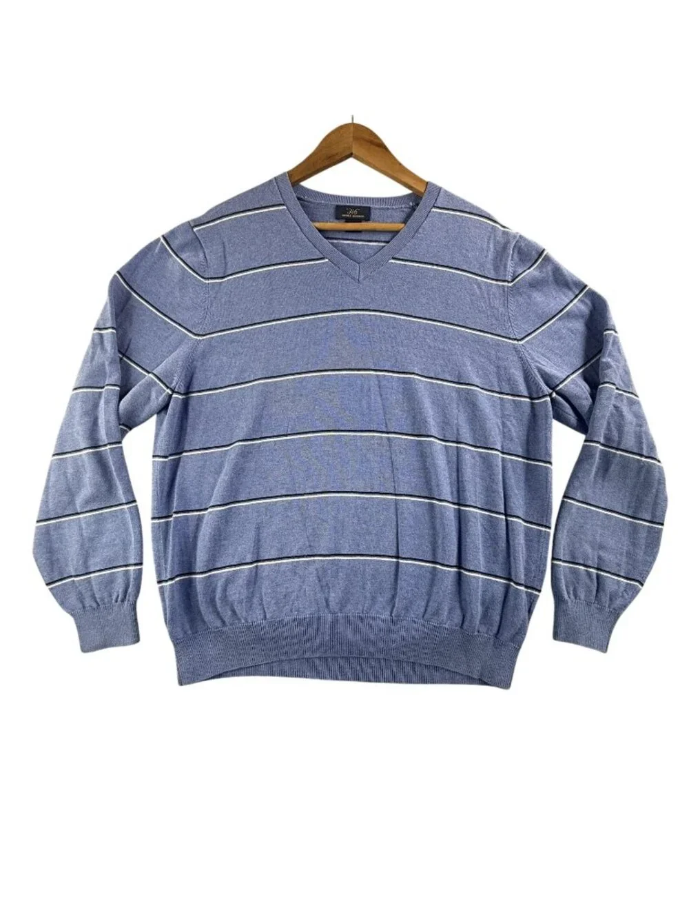 Brooks Brothers Sweater Mens Large Blue Striped V Neck Cotton Knit Pullover